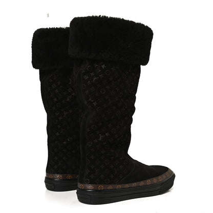 Louis Vuitton Suede Calfskin Monogram Embossed Snowball Flat Half Boots 39.5 Black 4 of 11