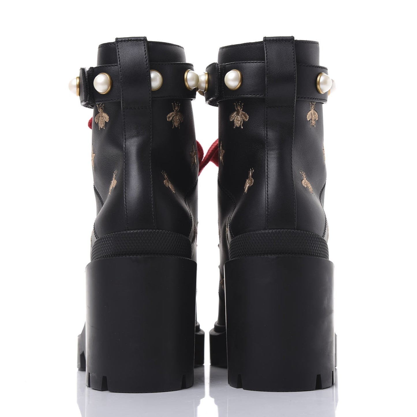 Calfskin Embroidered Lace Up Combat Ankle Boots 39.5 Black