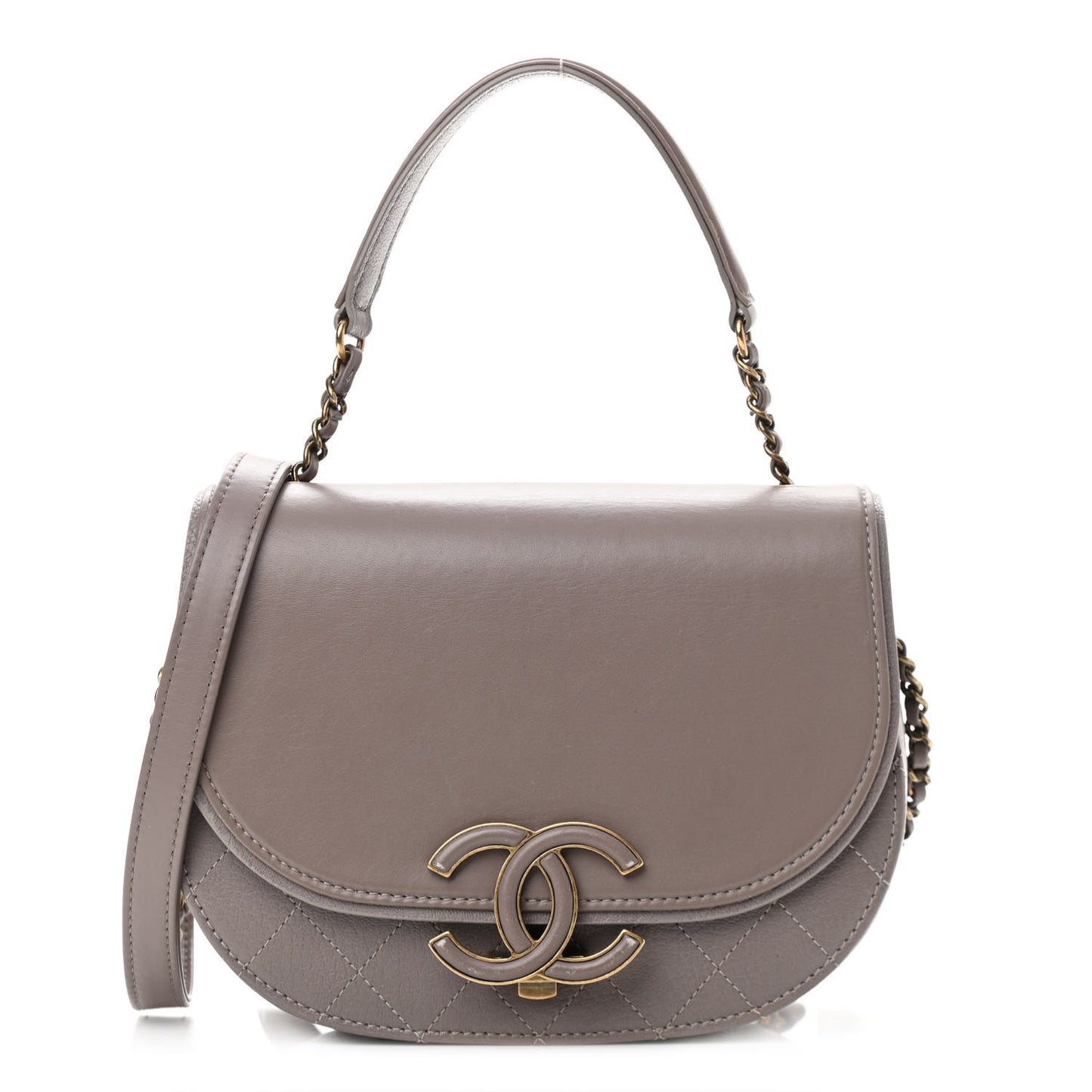 Shiny Calfskin Goatskin Quilted Small Coco Curve Messenger Flap Grey