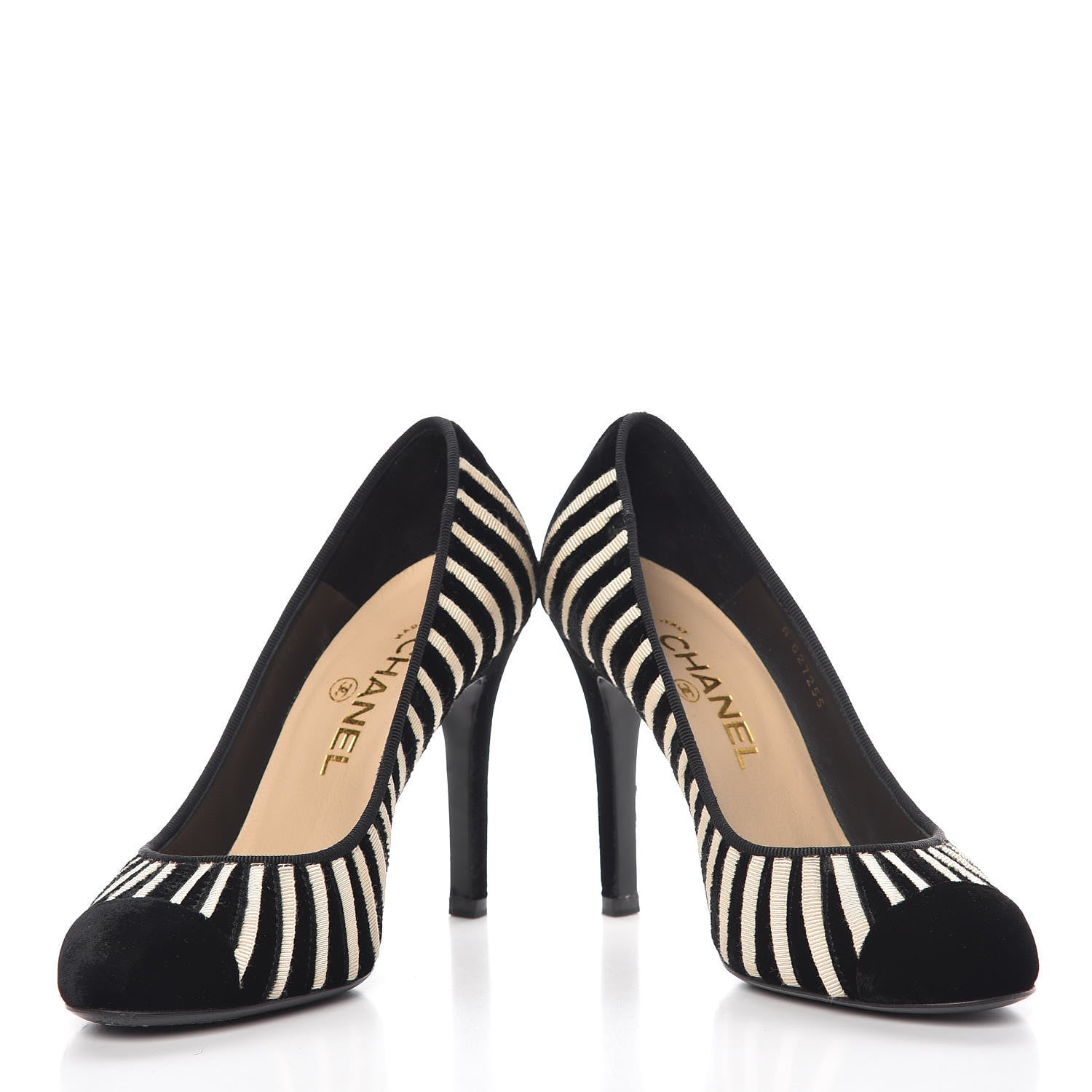 Chanel Velvet Stripe Cap Toe Pumps 37 Black Beige 5 of 12