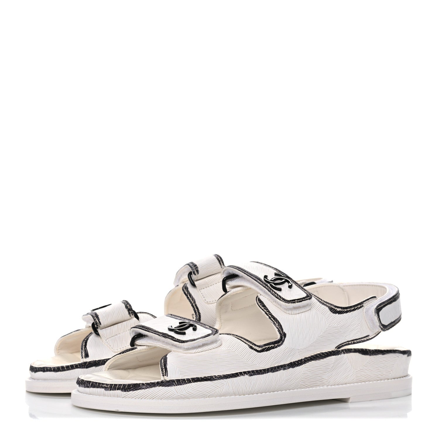Chanel Calfskin Printed Velcro Dad Sandals 38 White Black 3 of 9