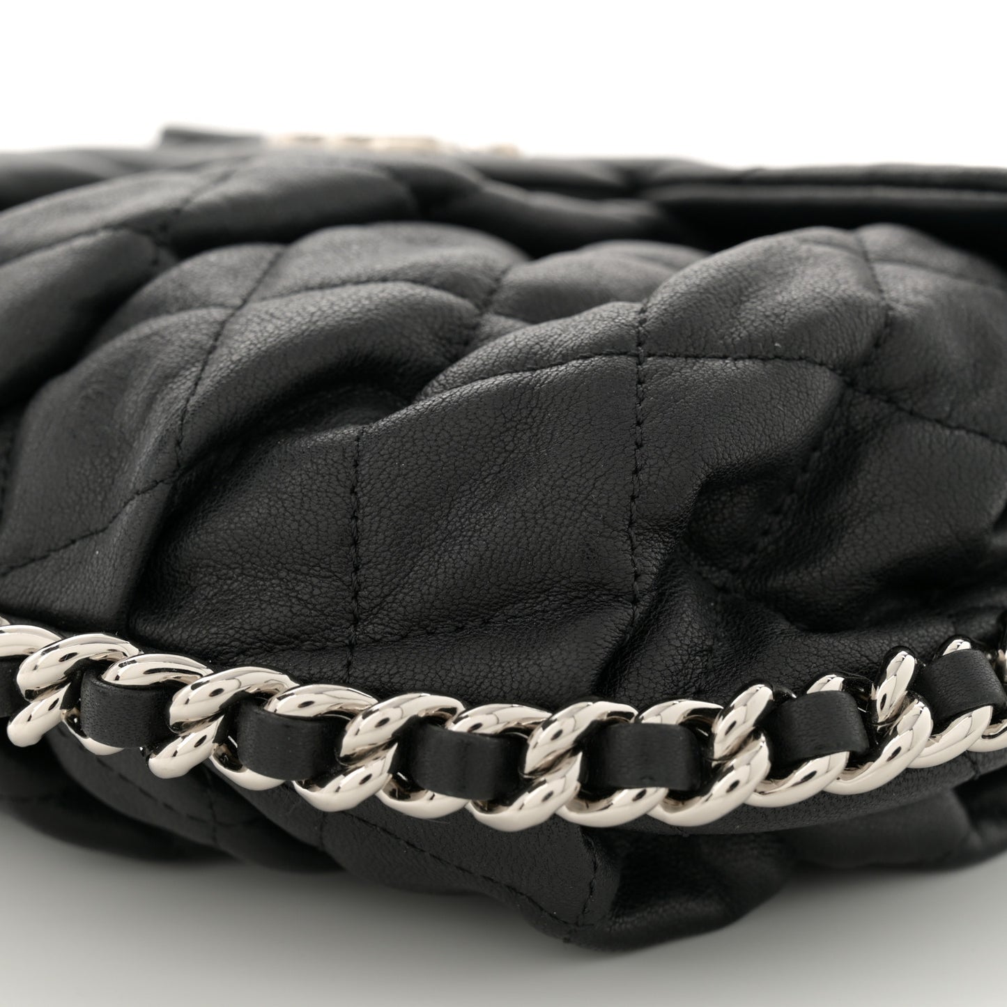Washed Lambskin Quilted Medium Chain Around Flap  Black