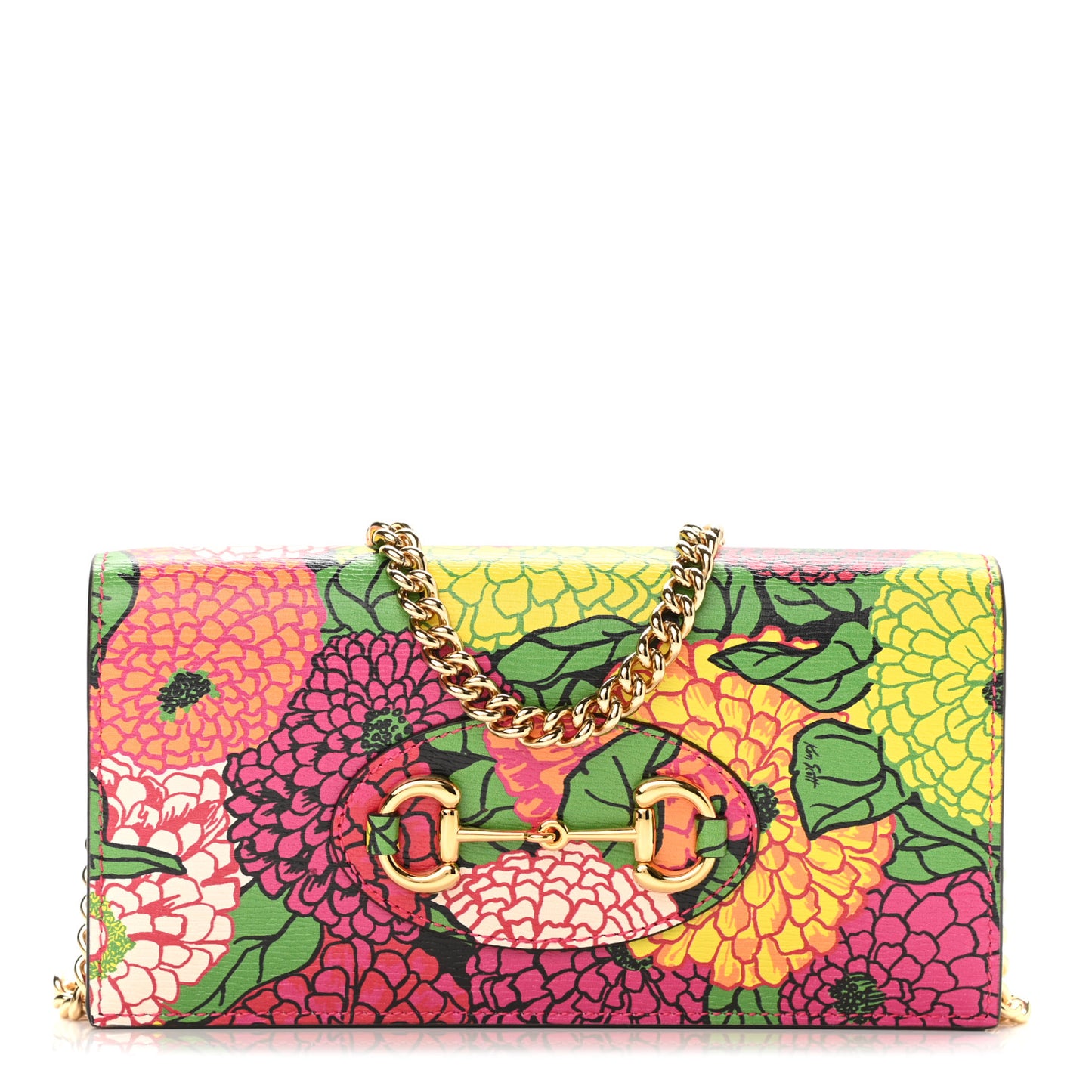 X KEN SCOTT Shangai Calfskin Pomponica Print Horsebit 1955 Wallet On Chain Multicolor Fuxia Pompon
