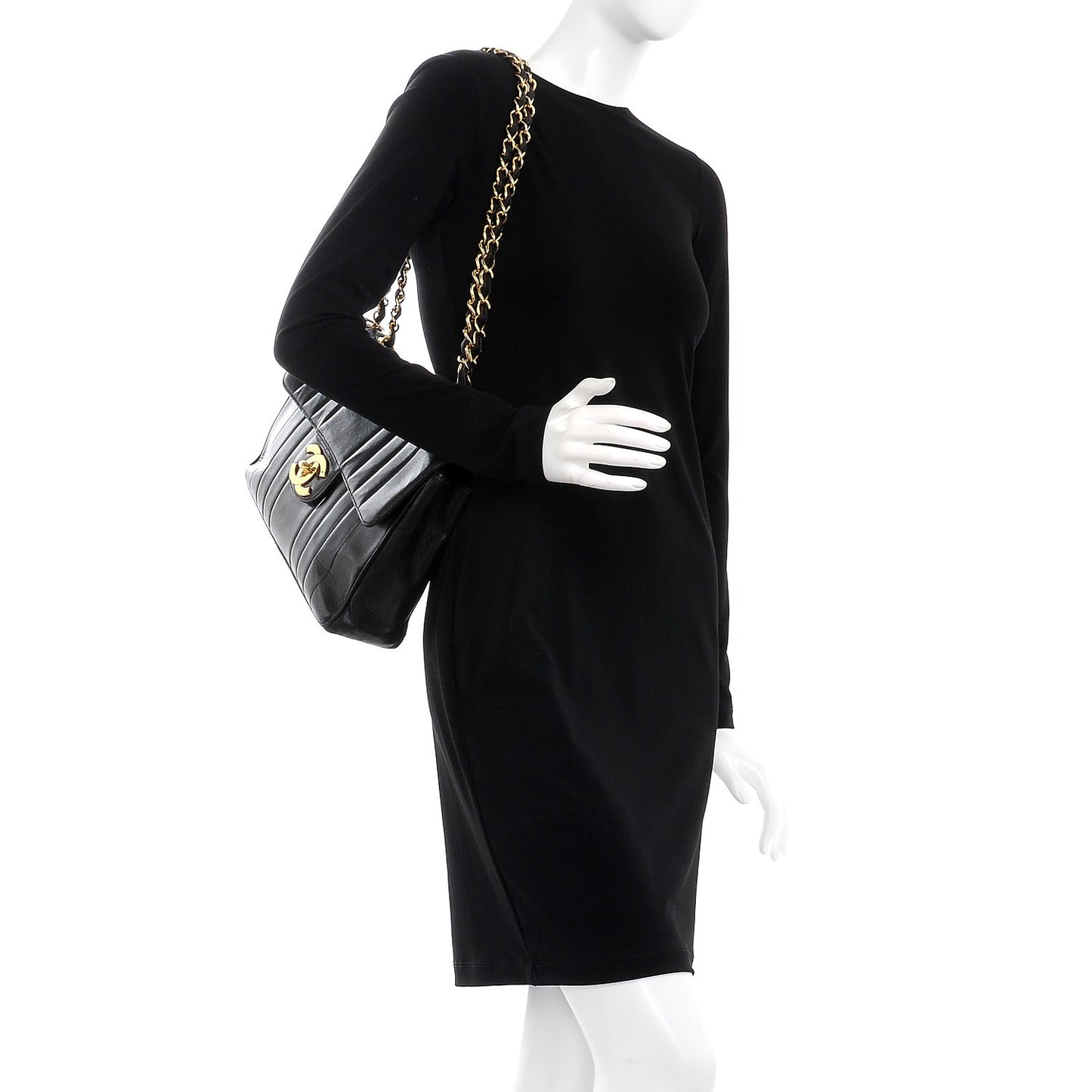Lambskin Vertical Quilt Jumbo Flap Black