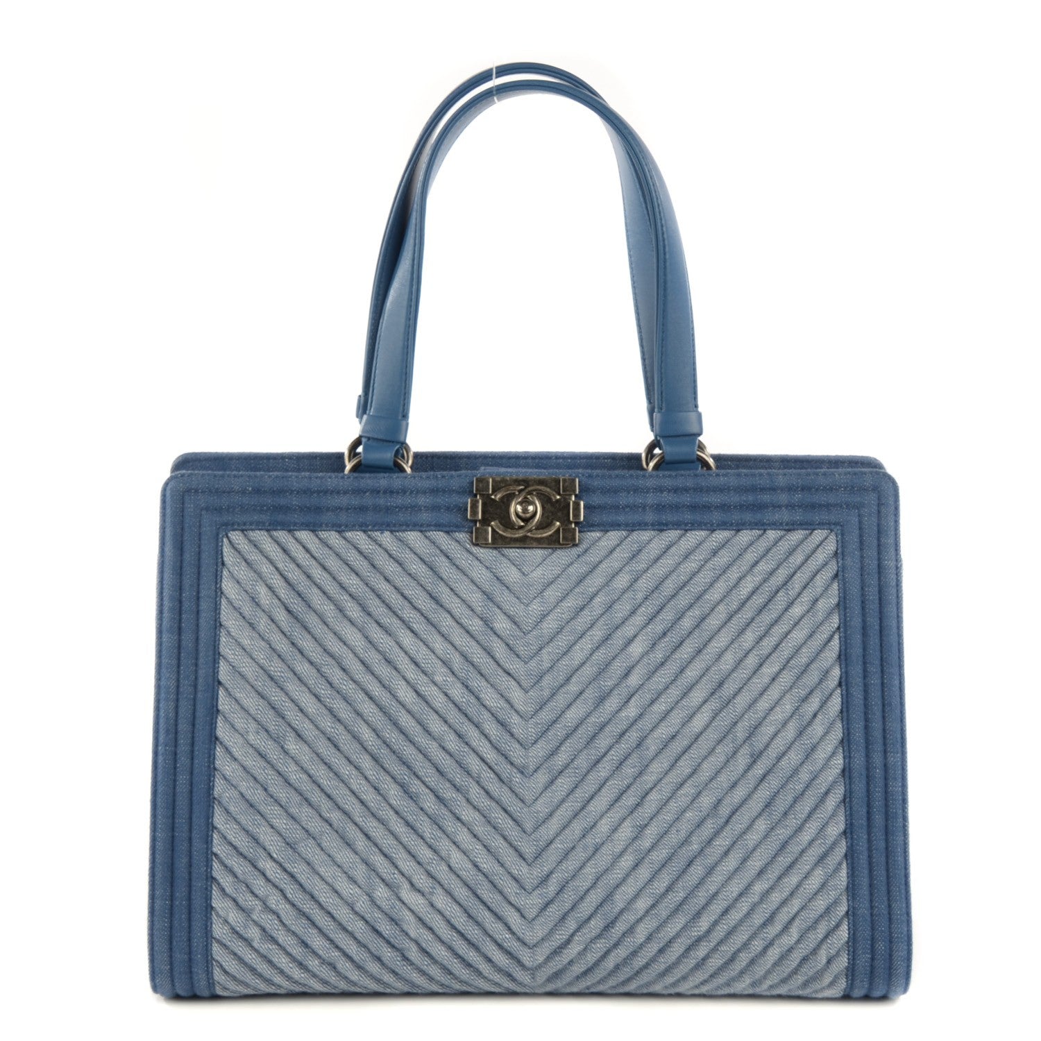 Chanel Denim Chevron Quilted Large Boy Shopping Tote Light Blue 1 of 8