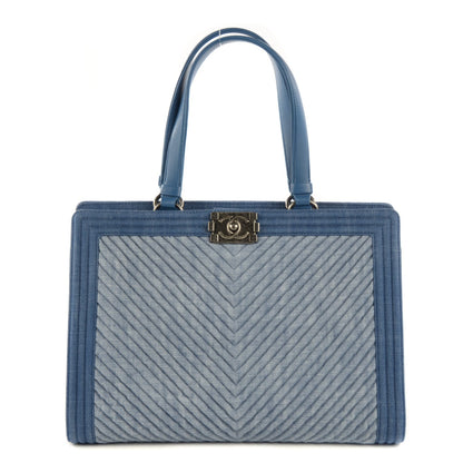 Chanel Denim Chevron Quilted Large Boy Shopping Tote Light Blue 1 of 8