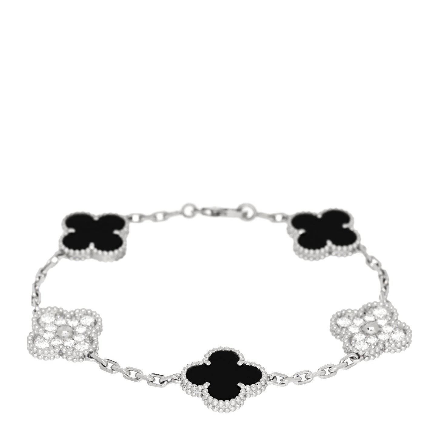 18K White Gold Diamond Black Onyx 5 Motifs Vintage Alhambra Bracelet
