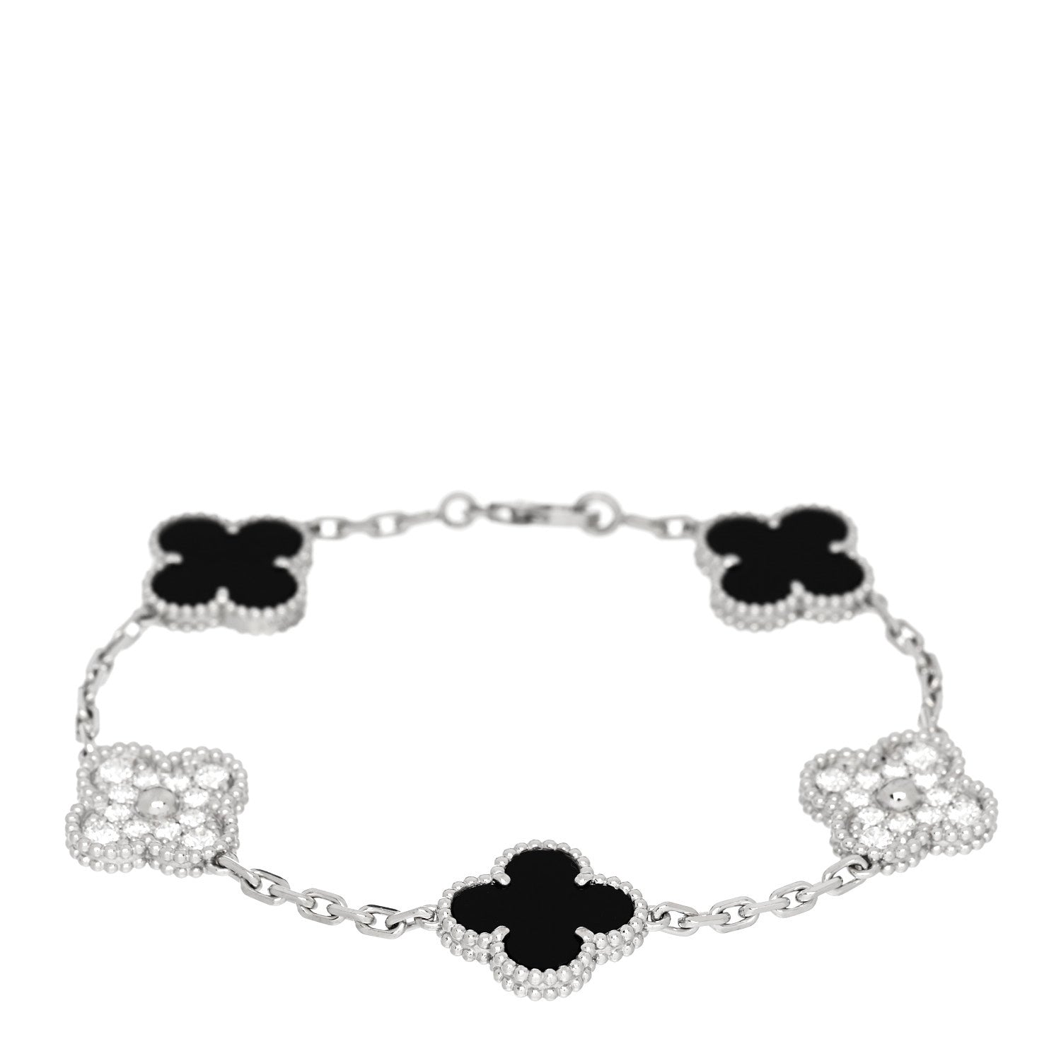 Van Cleef & Arpels 18K White Gold Diamond Black Onyx 5 Motifs Vintage Alhambra Bracelet 1 of 5