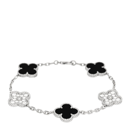Van Cleef & Arpels 18K White Gold Diamond Black Onyx 5 Motifs Vintage Alhambra Bracelet 1 of 5