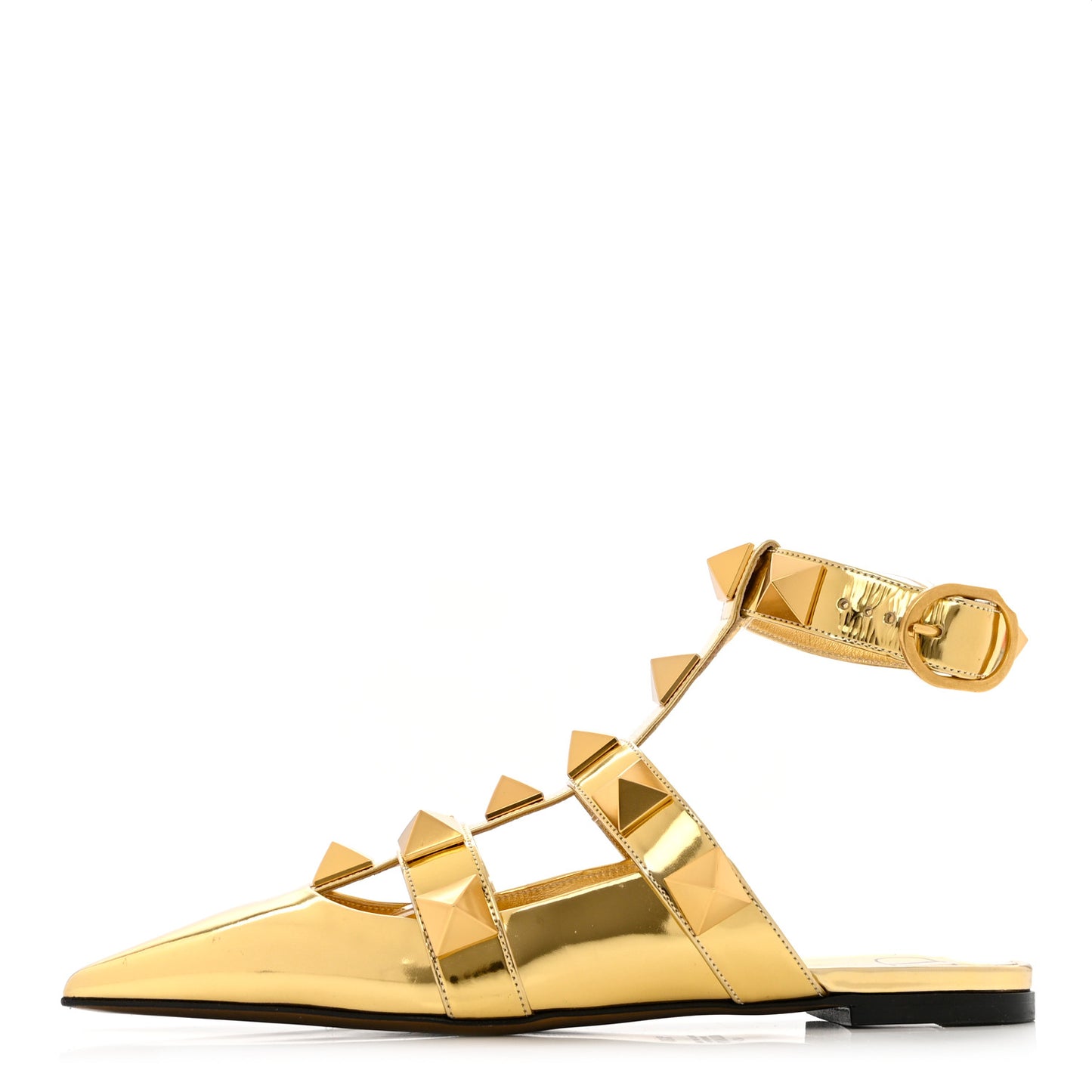 Metallic Patent Roman Stud Ankle Strap Flat Mules 38.5 Antique Brass