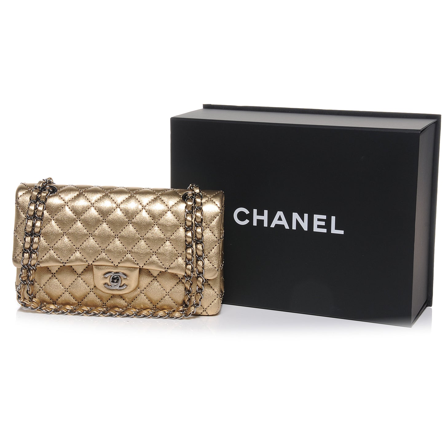 Metallic Washed Lambskin Quilted Medium Double Flap Dark Gold Black