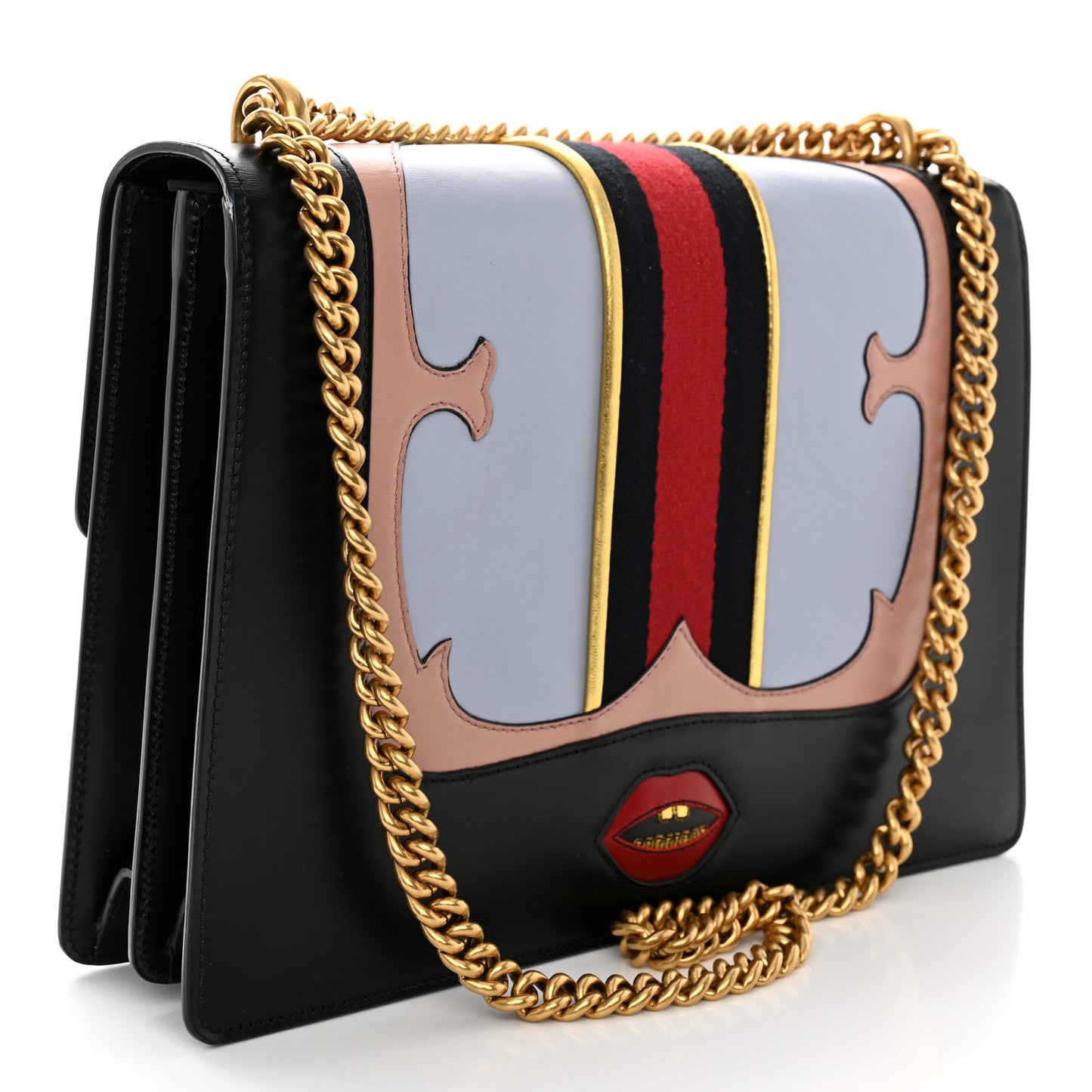 Calfskin Web Heart Medium GG Marmont Chain Handle Bag Black