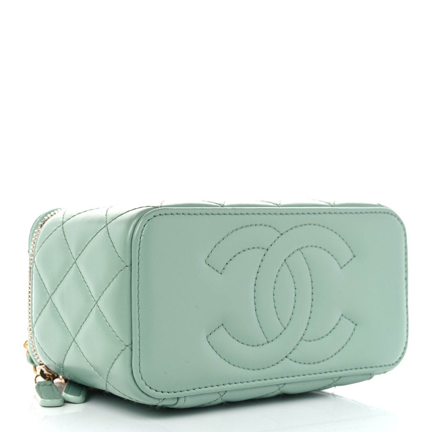 Shiny Calfskin Quilted Small Top Handle Vanity Case With Chain Light Green