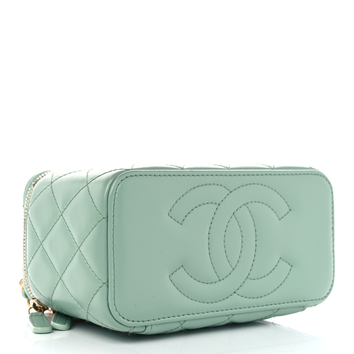 Chanel Shiny Calfskin Quilted Small Top Handle Vanity Case With Chain Light Green 4 of 12