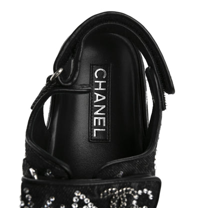 Chanel Denim Strass Velcro Dad Sandals 39 Black 7 of 9