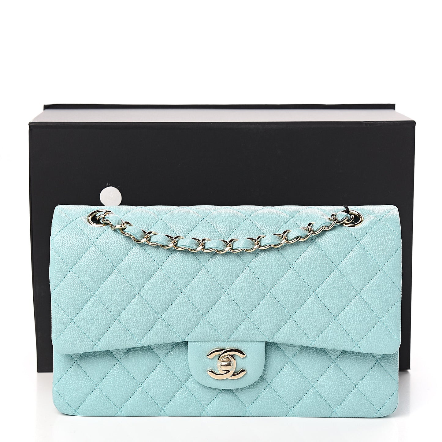 Caviar Quilted Medium Double Flap Light Blue