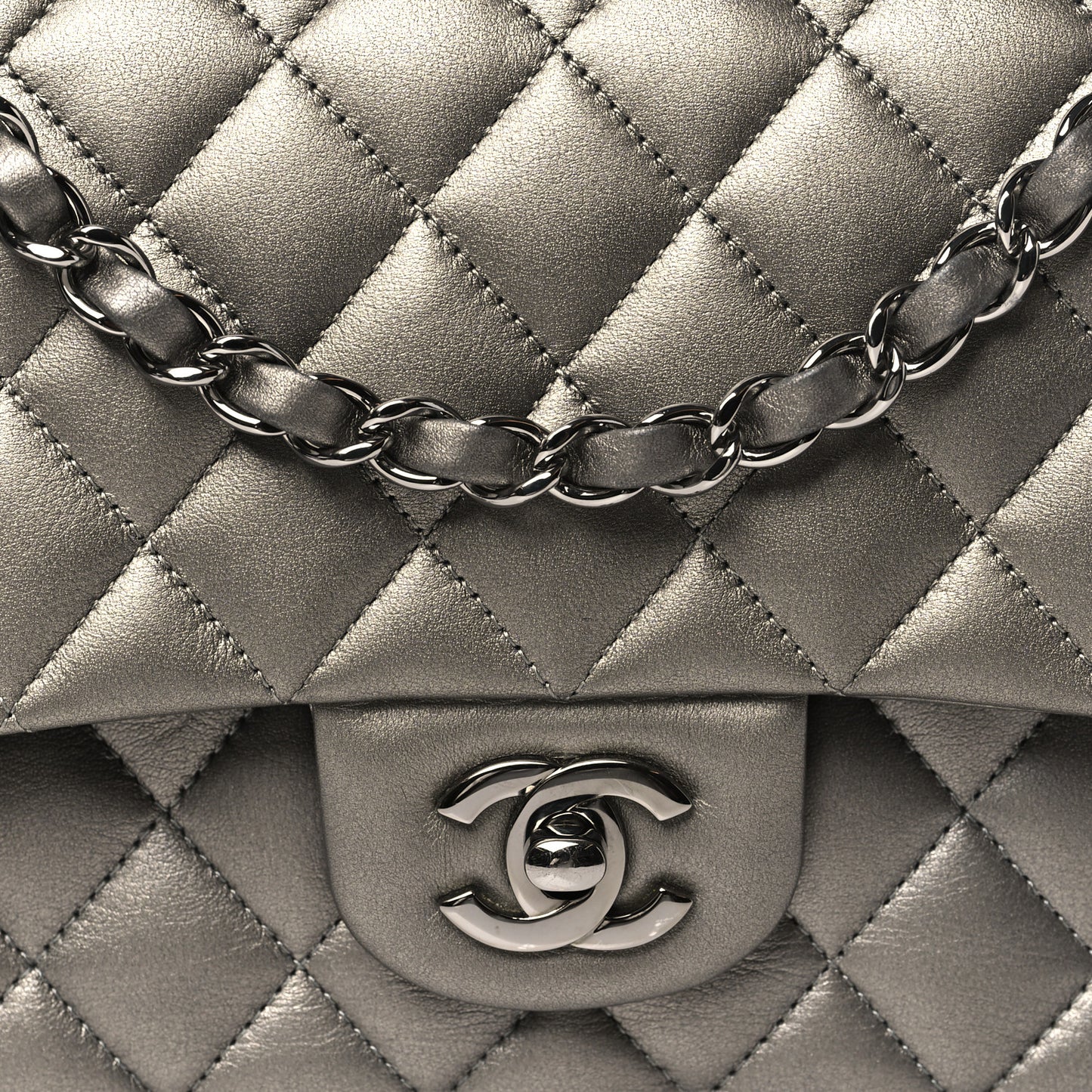 Metallic Calfskin Quilted Medium Double Flap Ruthenium Ruthenium