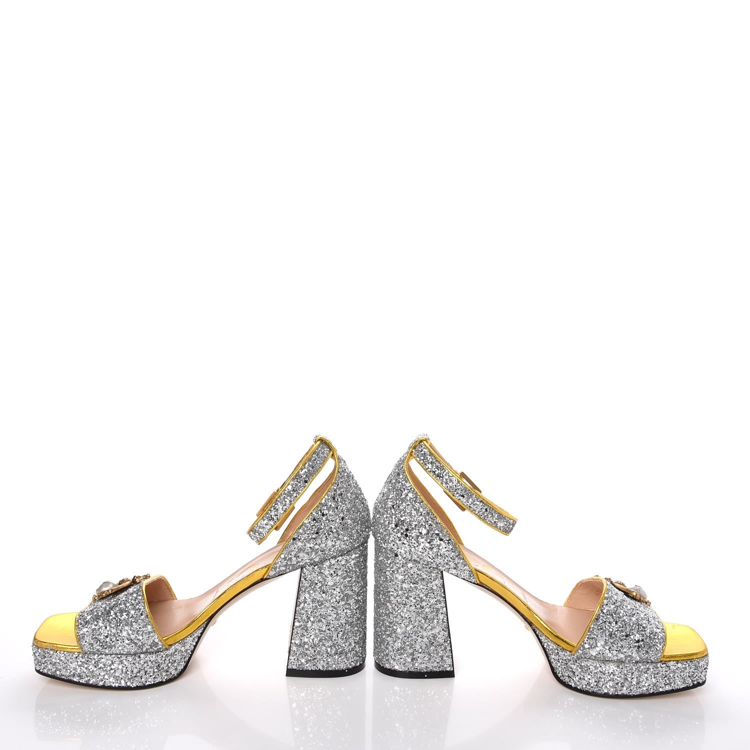 Gucci Glitter Soko Bee Platform Mid Heel Sandals 38.5 Argento Oro Vecchio 6 of 10