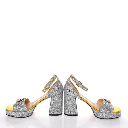 Gucci Glitter Soko Bee Platform Mid Heel Sandals 38.5 Argento Oro Vecchio 6 of 10