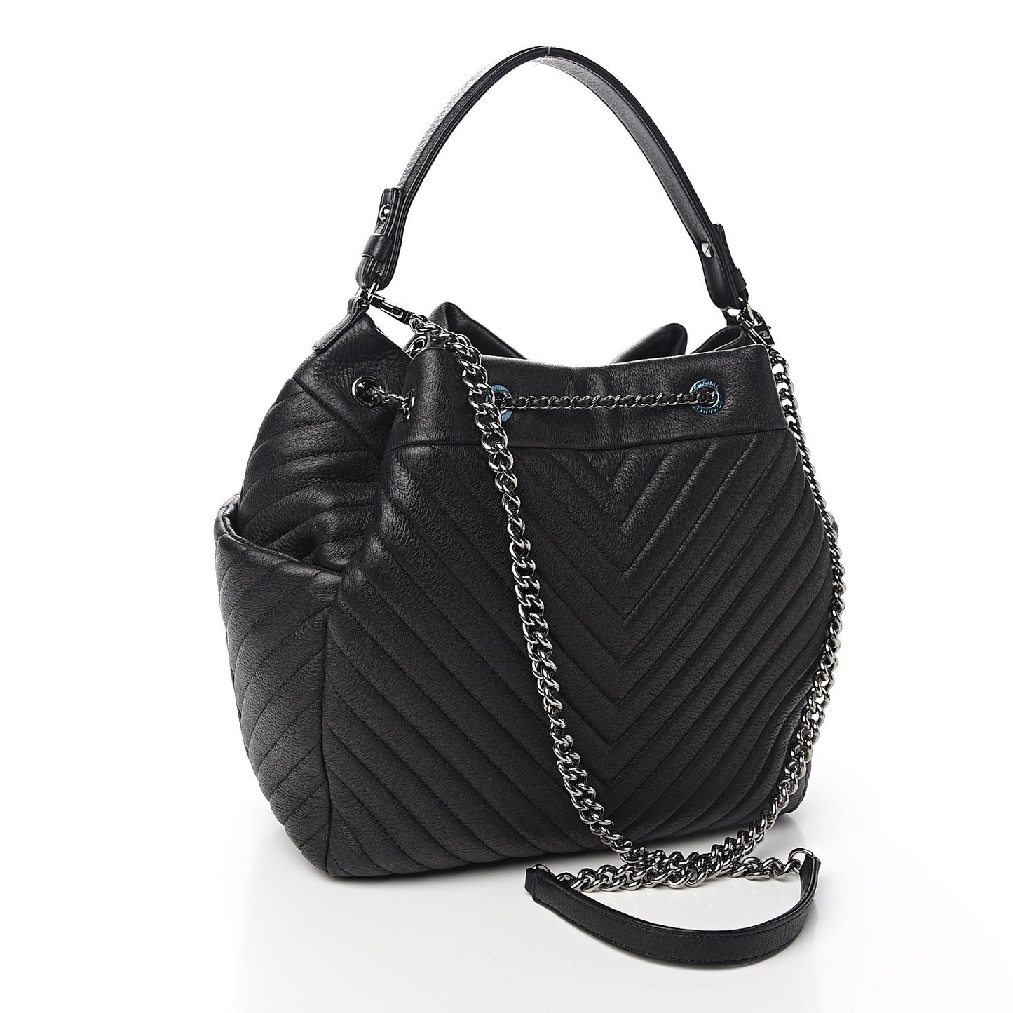 Deerskin Chevron Large CC Chain Bucket Drawstring Bag Black