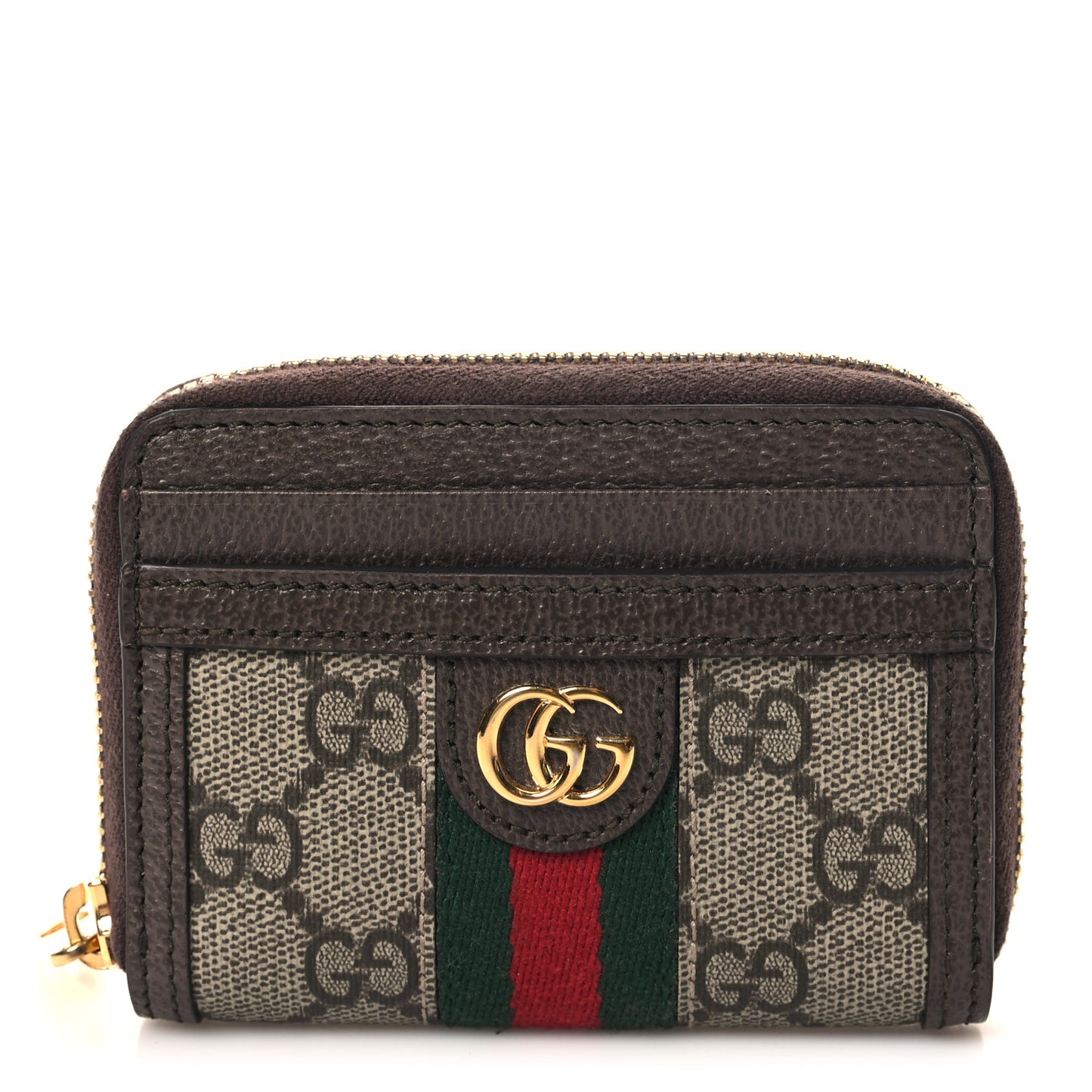 GG Supreme Monogram Textured Dollar Calfskin Web Ophidia Zip Around Card Case Wallet Beige Ebony New Acero