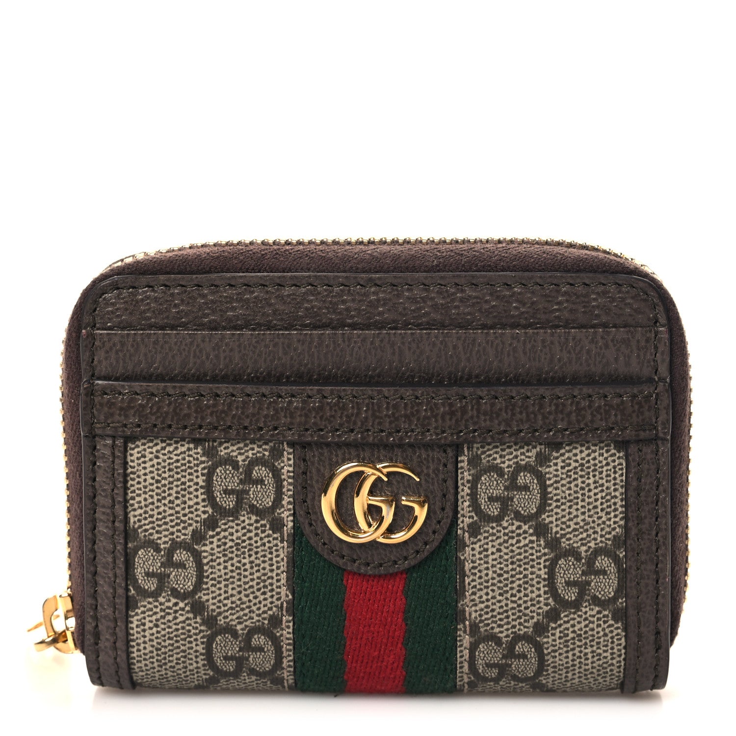 Gucci GG Supreme Monogram Textured Dollar Calfskin Web Ophidia Zip Around Card Case Wallet Beige Ebony New Acero 1 of 7