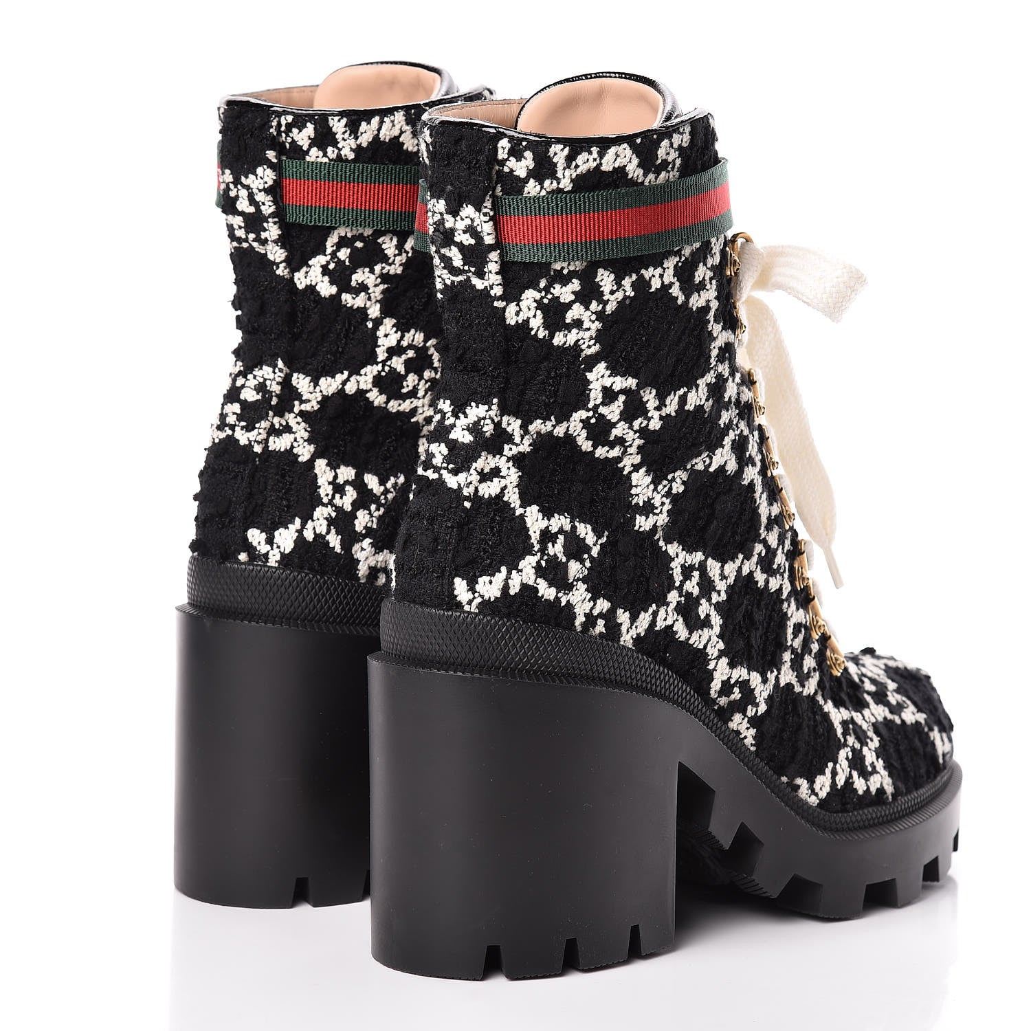 Gucci Tweed GG Monogram Lace Up Combat Ankle Boots 39.5 Black 4 of 9