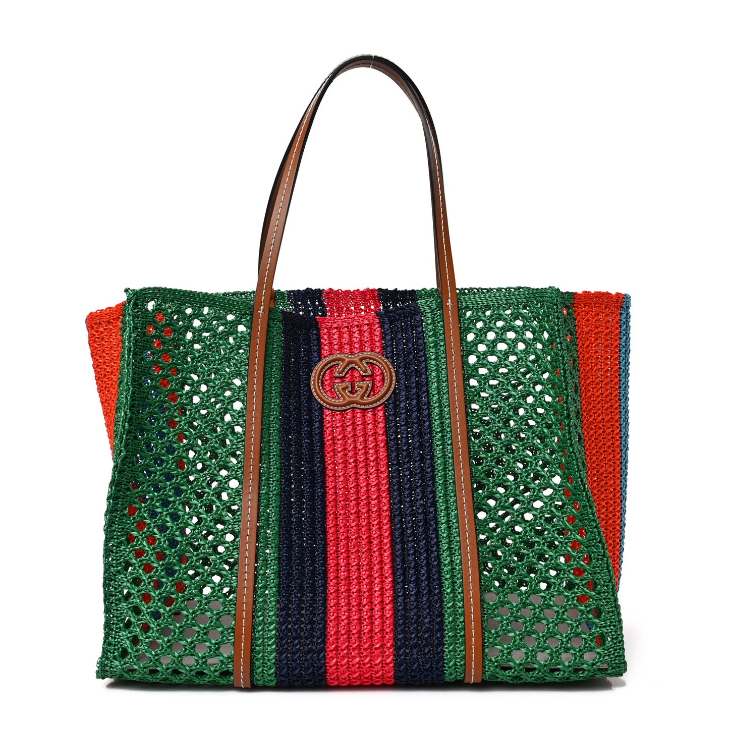 Raffia Web Woven Medium Interlocking G Tote Green
