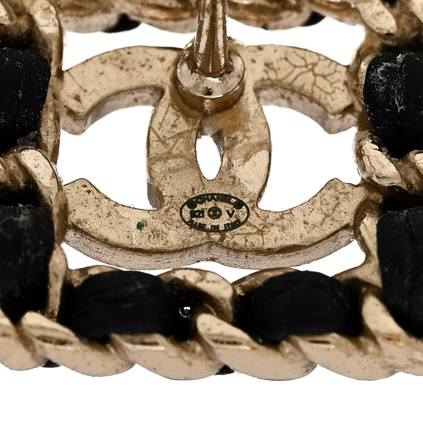 Crystal Lambskin Chain Sergeant Chanel Stud Earrings Black Gold