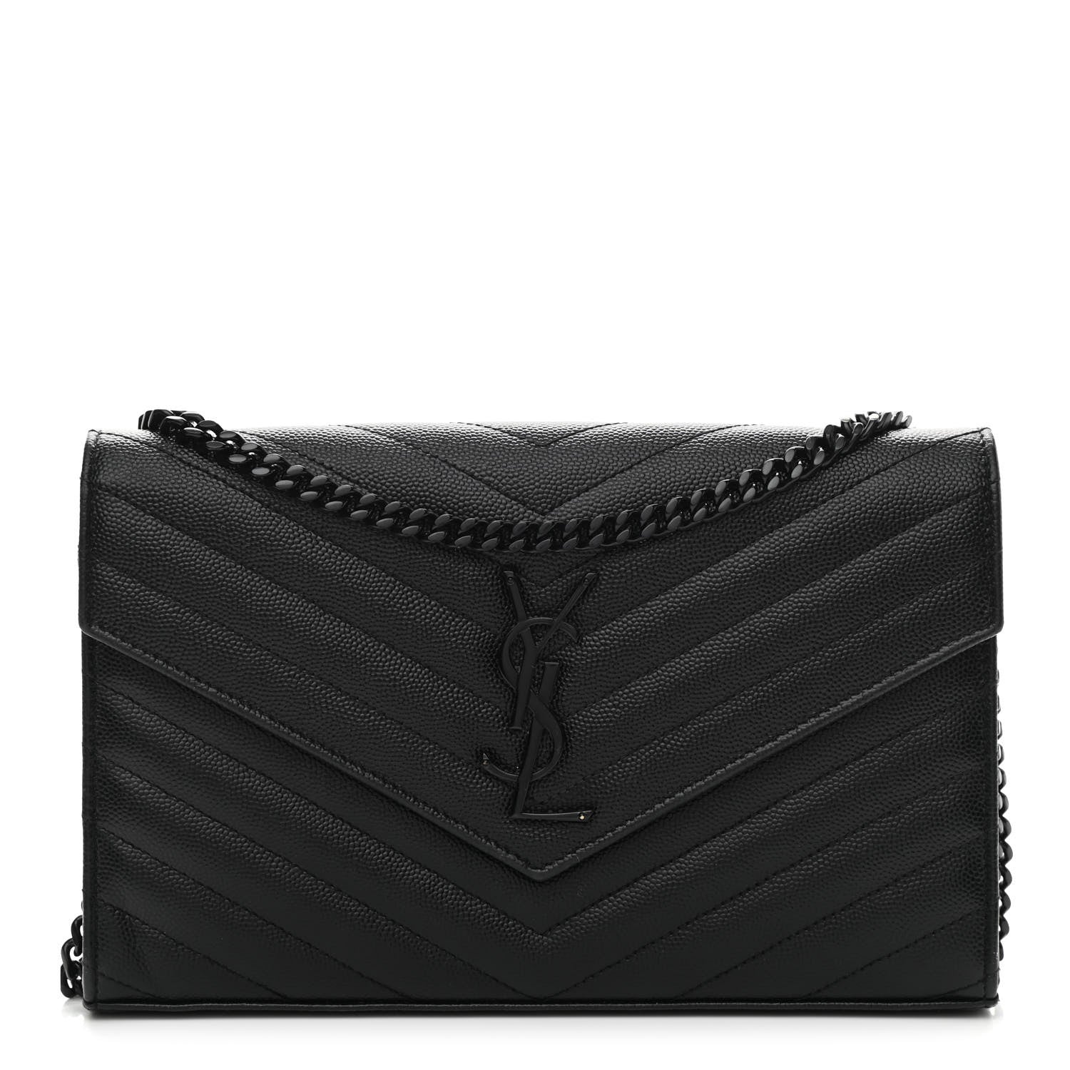Saint Laurent Grain De Poudre Matelasse Chevron Monogram Chain Wallet Black 1 of 9