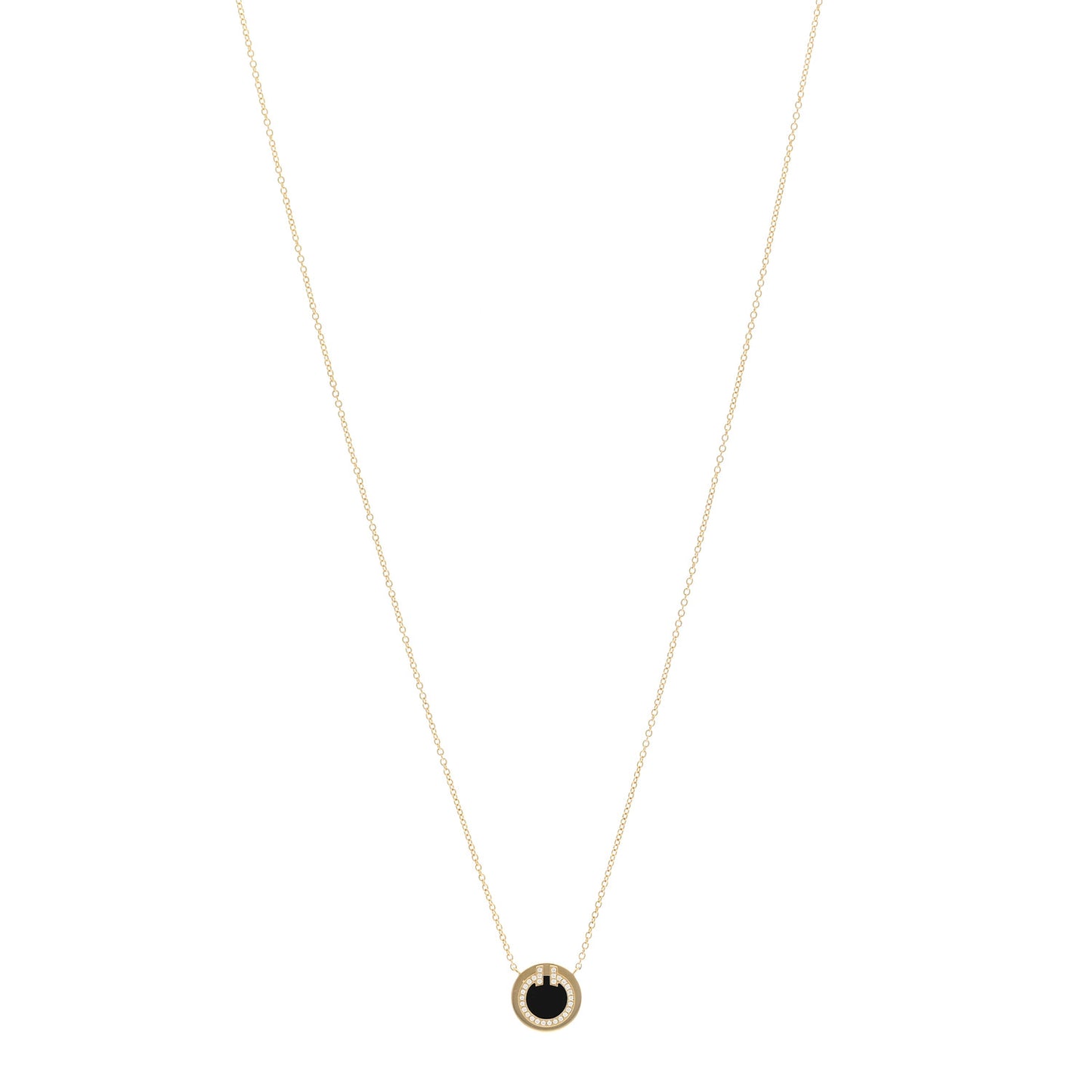 18K Yellow Gold Diamond Black Onyx Small T Circle Pendant Necklace