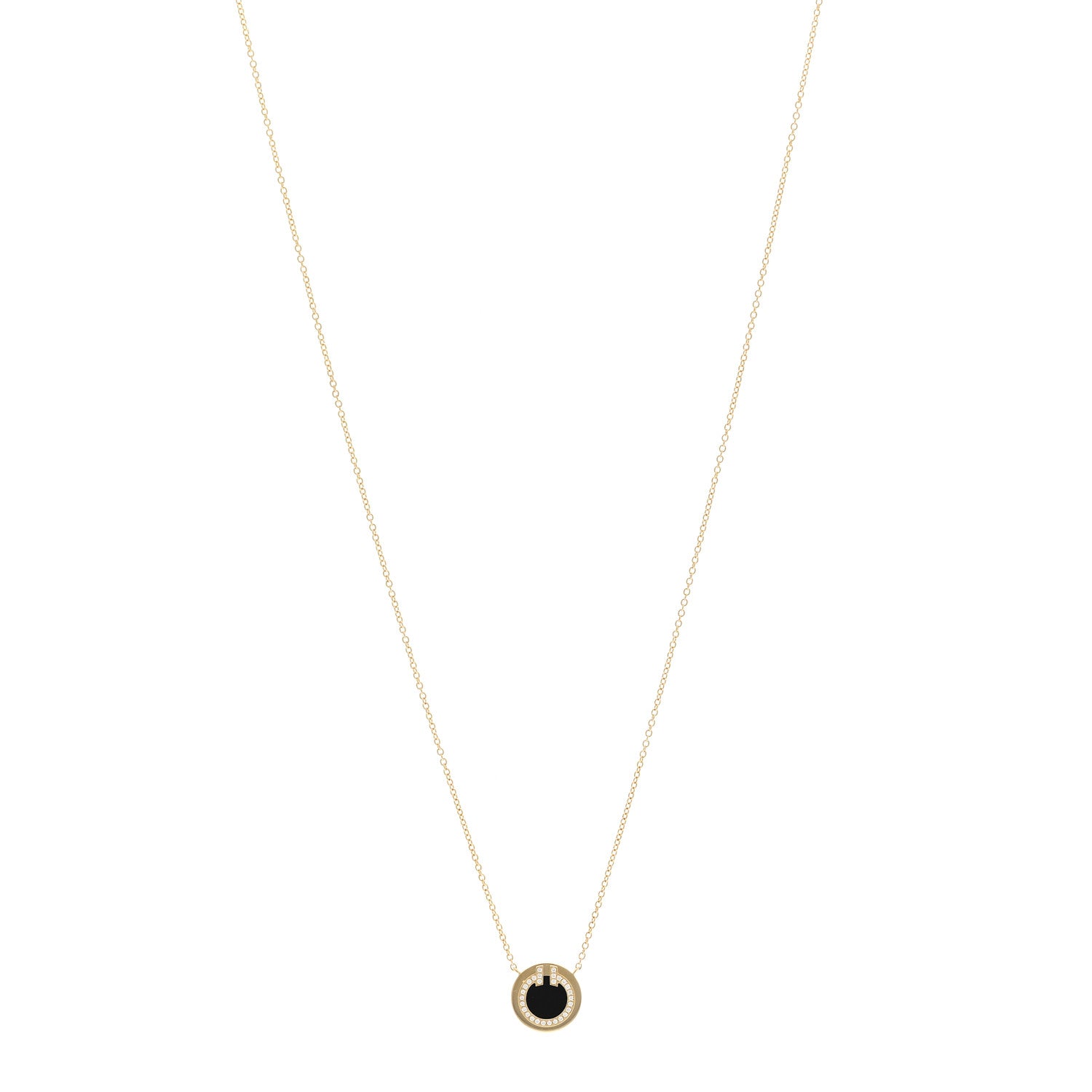 Tiffany 18K Yellow Gold Diamond Black Onyx Small T Circle Pendant Necklace 1 of 6