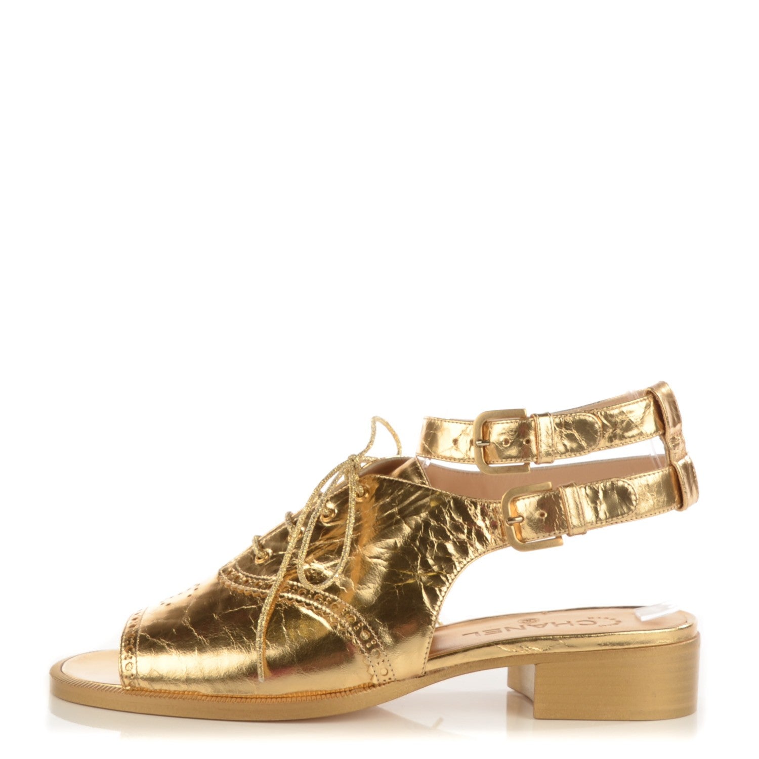 Chanel Metallic Crackled Lambskin Lace Up Sandals 40 Gold 1 of 8