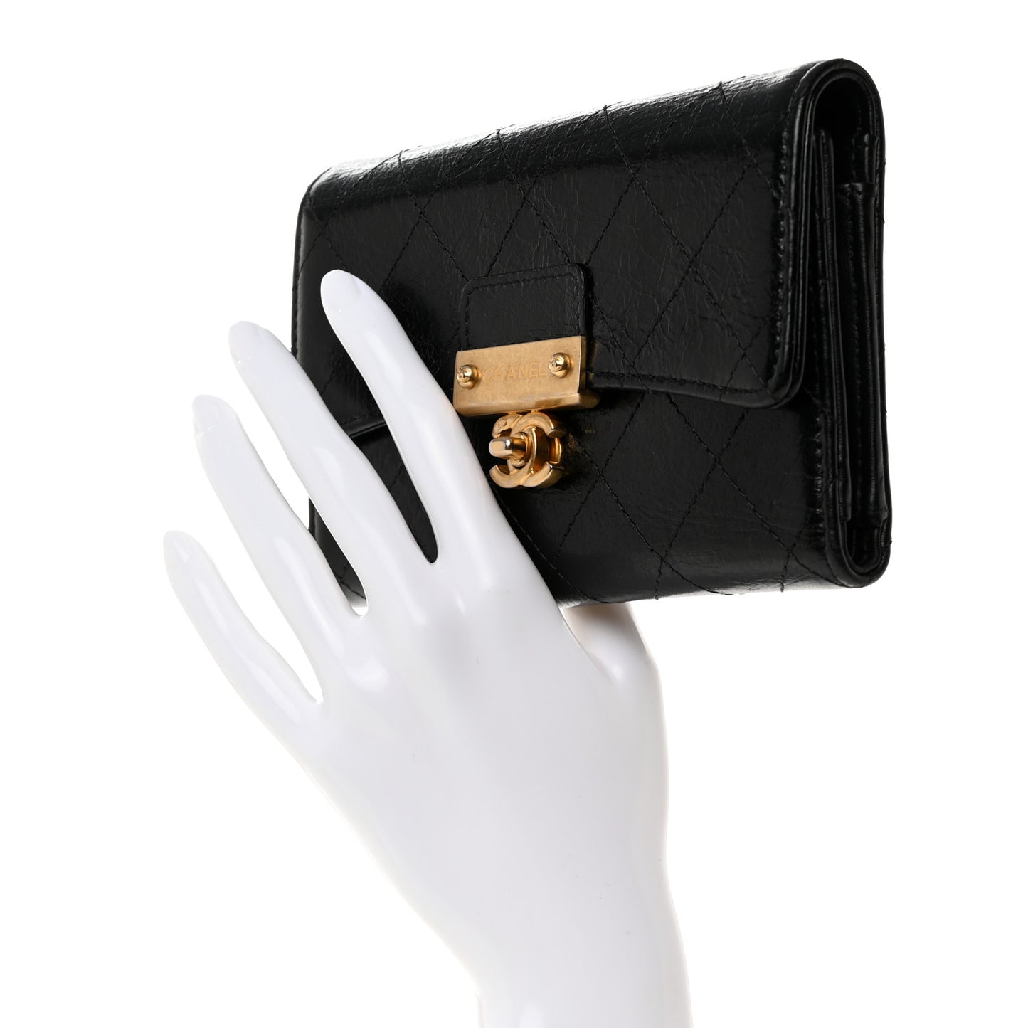 Goatskin Stitched Small Golden CC Flap Wallet Black
