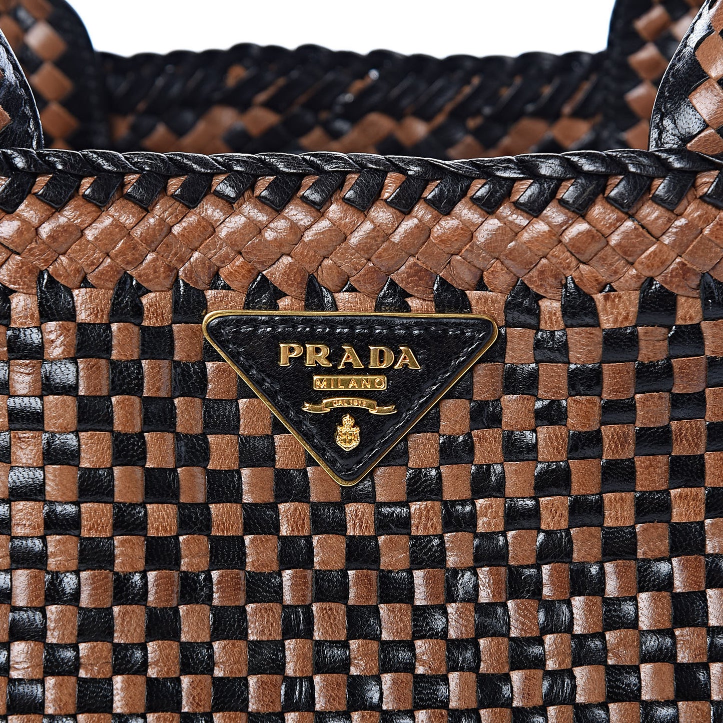 Goatskin Woven Small Tote Black Cammello