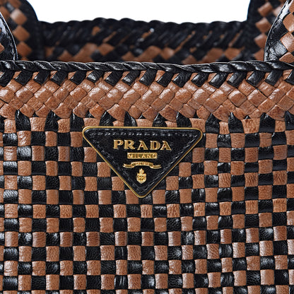 Prada Goatskin Woven Small Tote Black Cammello 10 of 13