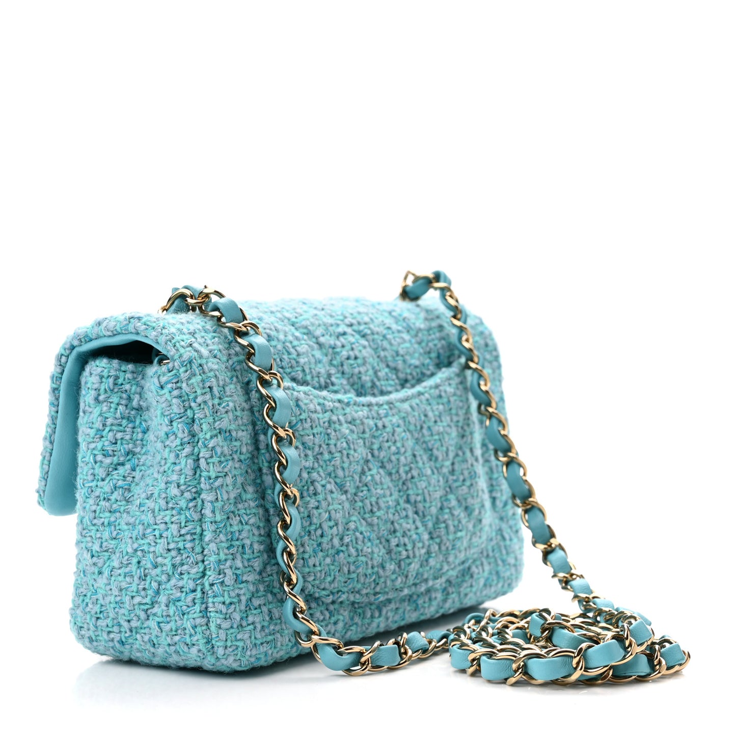 Wool Tweed Quilted Mini Rectangular Flap Turquoise Light Blue