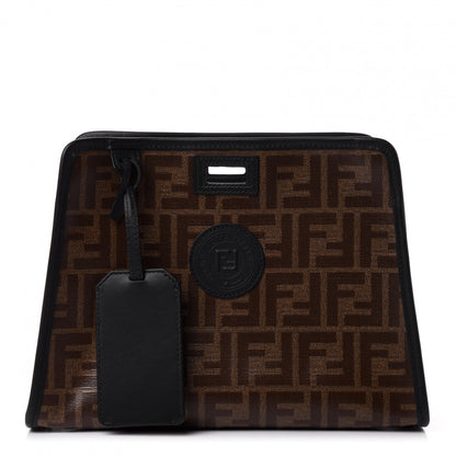 Fendi Glazed Fabric Vitello Century FF 1974 Stamp Patch Mini Peekaboo Defender Cover Mogano Panna Black 1 of 4