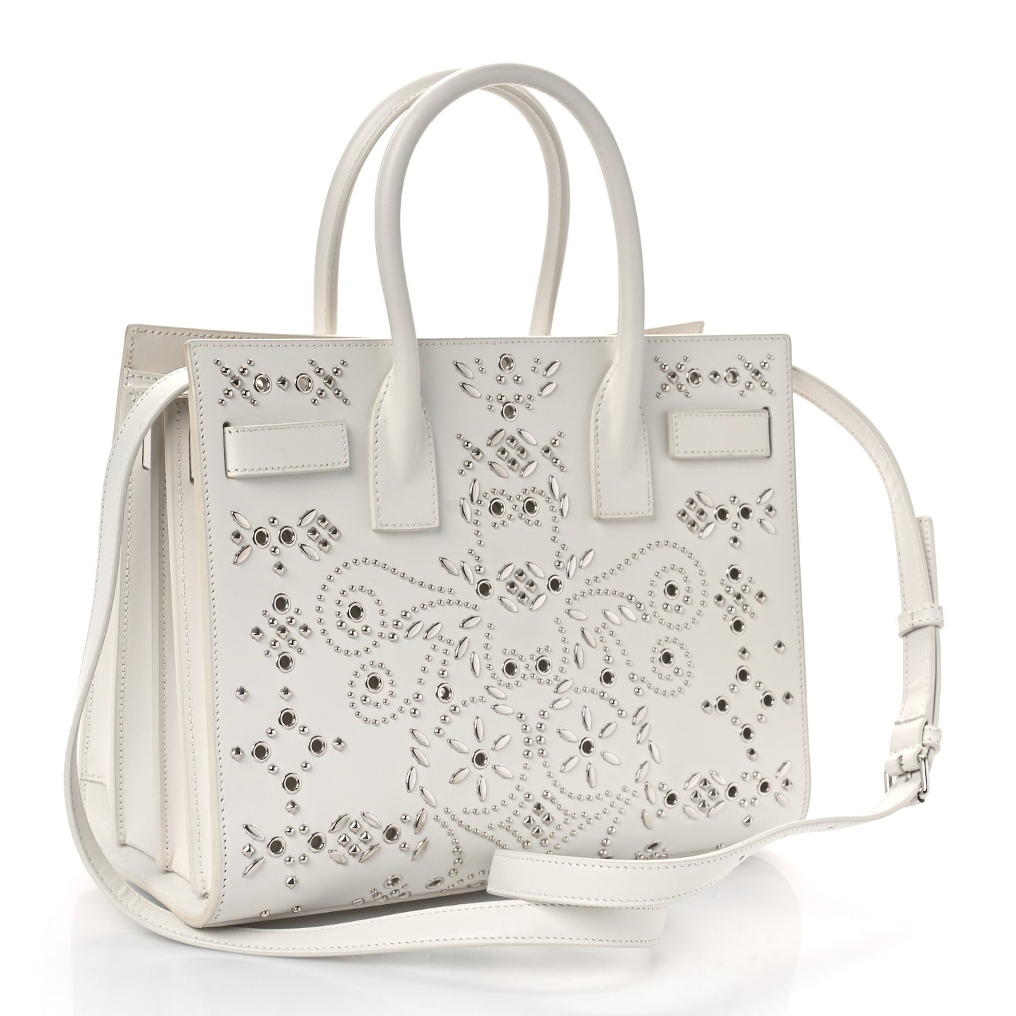 Calfskin Perforated Studded Baby Sac De Jour White