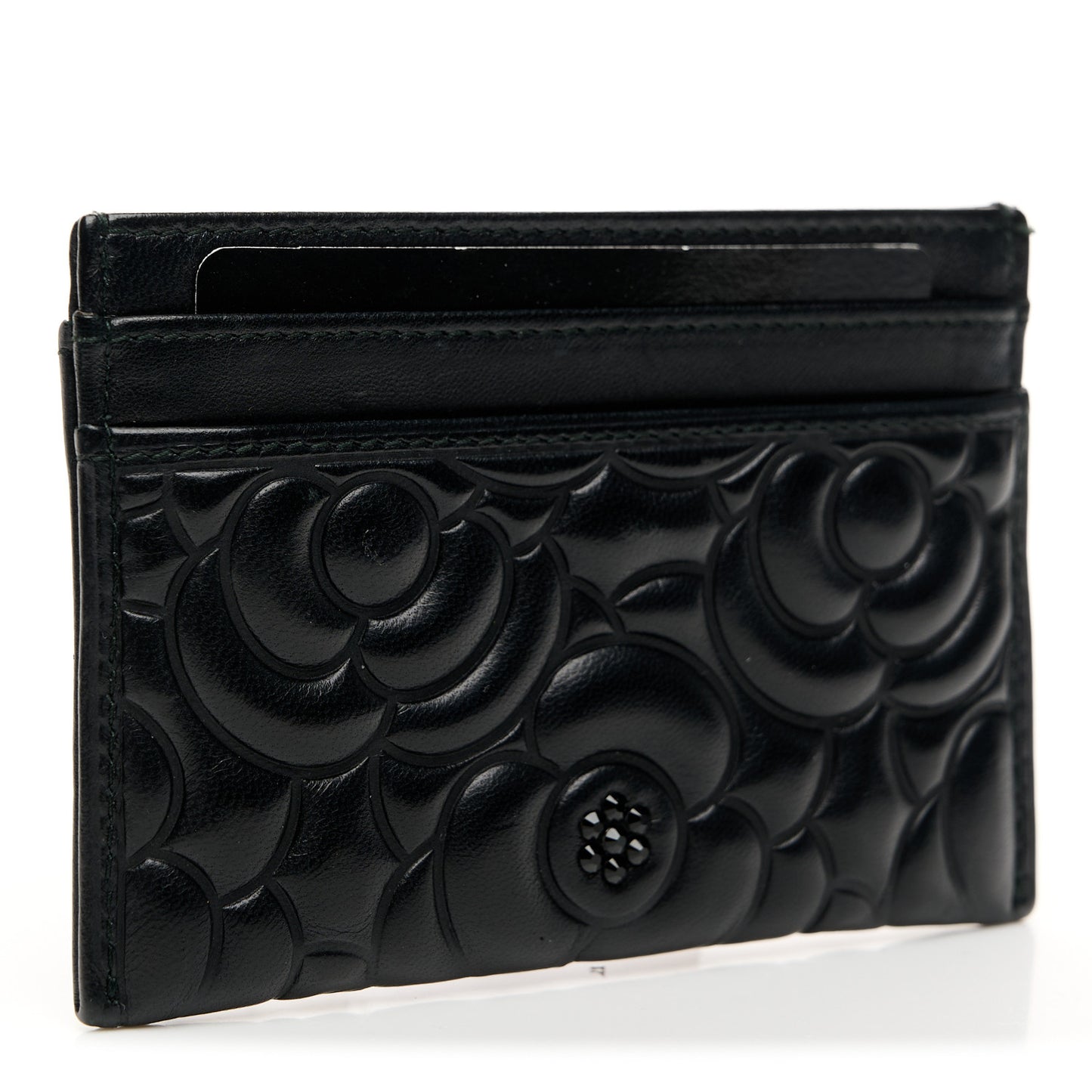 Lambskin Camellia Embossed Card Holder So Black