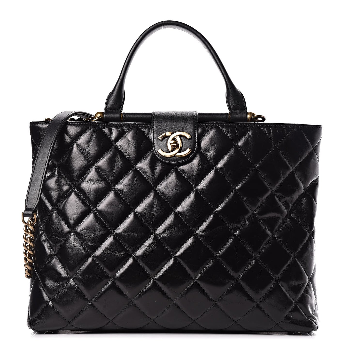 Calfskin Quilted Large Gold Bar Top Handle Tote Black