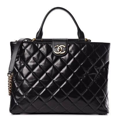 Chanel Calfskin Quilted Large Gold Bar Top Handle Tote Black 1 of 13