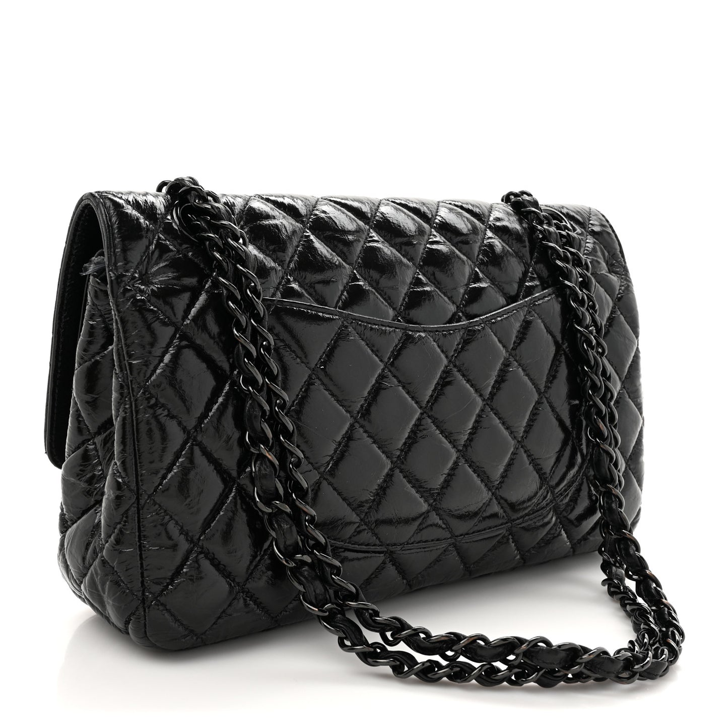 Shiny Crumpled Calfskin Quilted Medium Double Flap So Black
