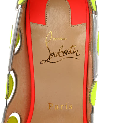 Christian Louboutin PVC Metallic Patent Polkadot Ladybug 120 Peep Toe Pumps 38 Silver Neon Yellow 6 of 7
