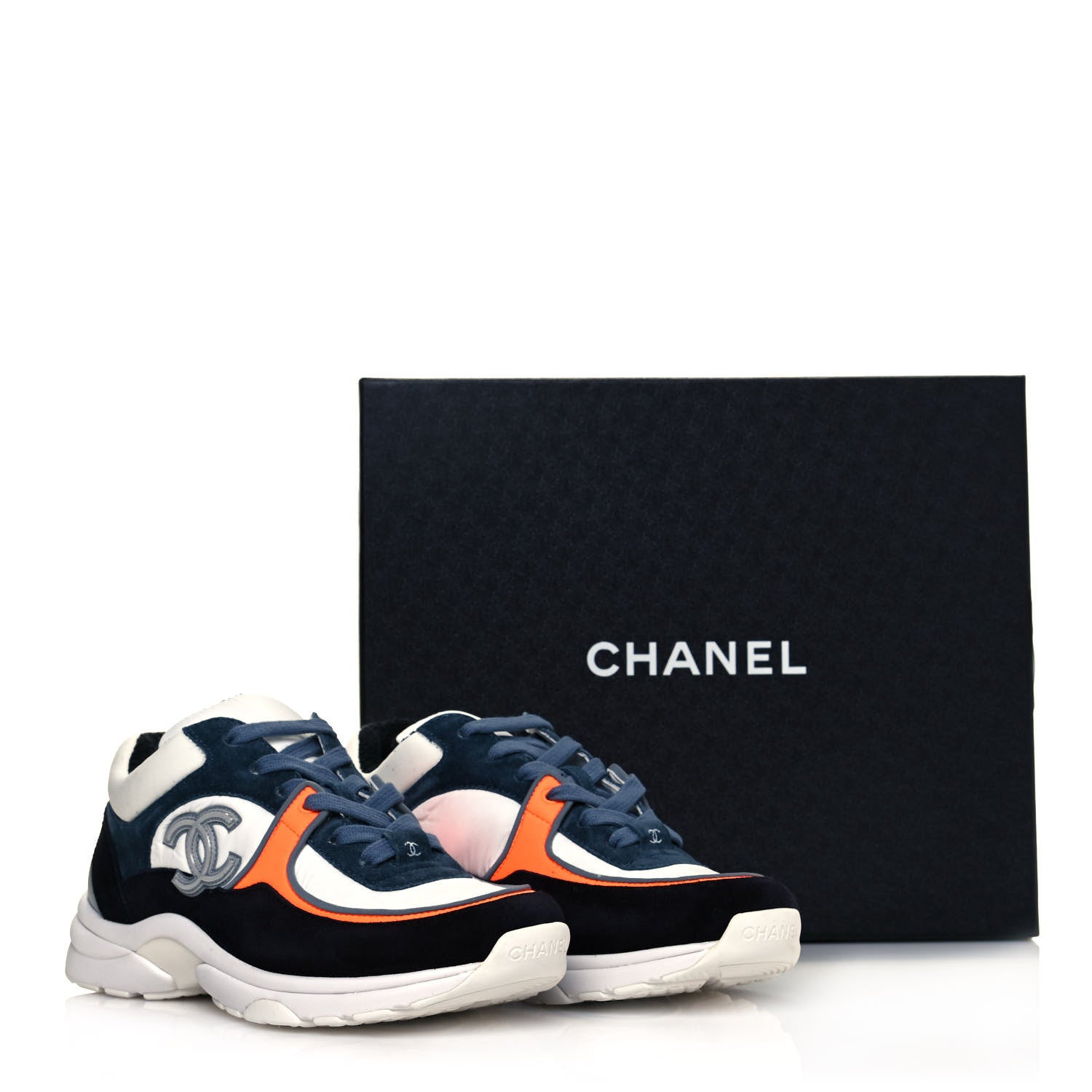 Chanel Nylon Calfskin Suede CC Womens Sneakers 35.5 Navy White Orange 8 of 8