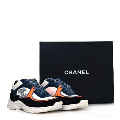 Chanel Nylon Calfskin Suede CC Womens Sneakers 35.5 Navy White Orange 8 of 8