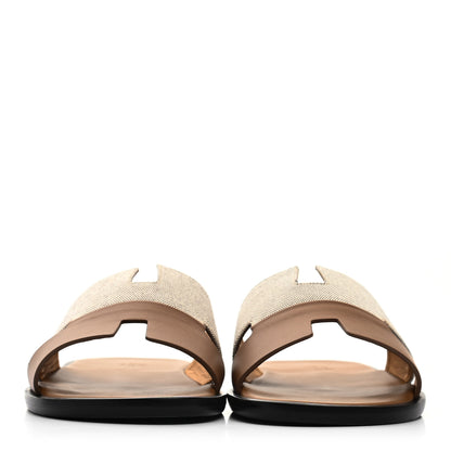 Hermes Canvas Calfskin Mens Izmir Sandals 40 Naturel Safari Prunoir 2 of 8