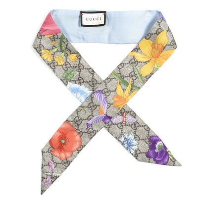 Gucci Silk Twill GG Monogram Special Flory Neck Bow Scarf Beige Sky Blue 1 of 3