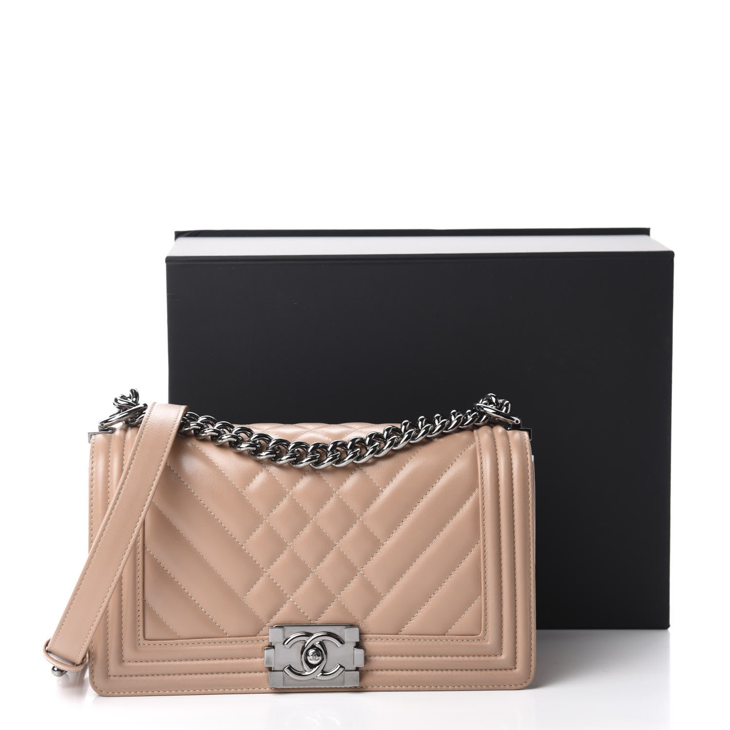 Chanel Calfskin Chevron Quilted Medium Boy Flap Beige 11 of 11