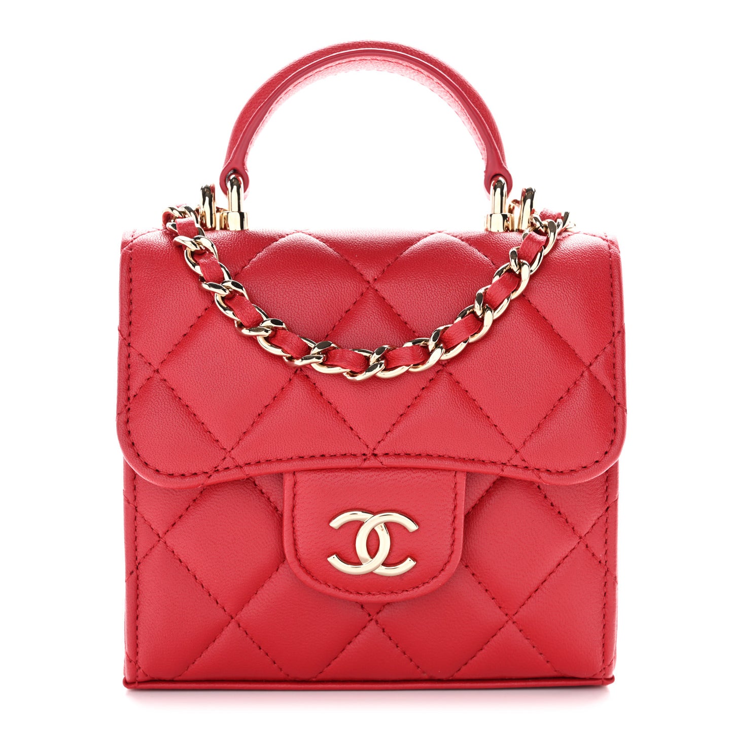 Lambskin Quilted Top Handle Flap Clutch With Chain Red